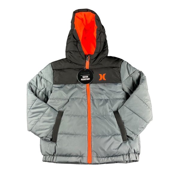 Hurley Boy's Water Resistant Grey Black Orange Puffer Hooded Jacket Sizes 4 - 7
